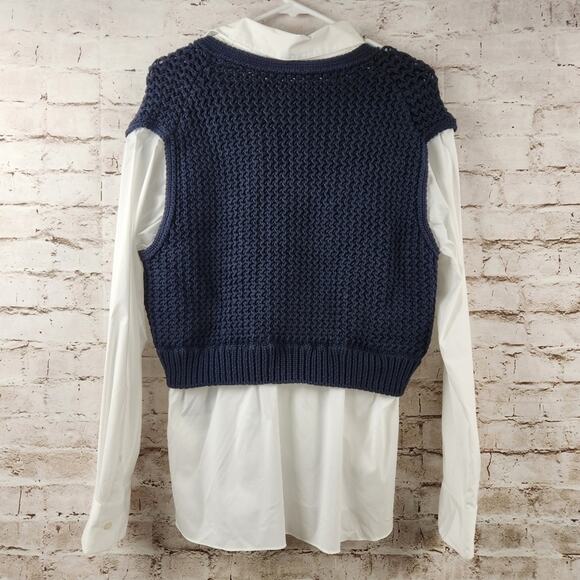 Theory Woven Combo Vest Shirt in Navy & White Size Large NWT Sweater - Picture 6 of 12